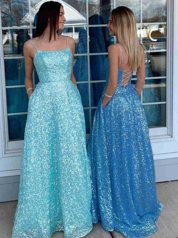 Wholesale A-Line/Princess Sequins Spaghetti Straps Sleeveless Sweep/Brush Train Dresses